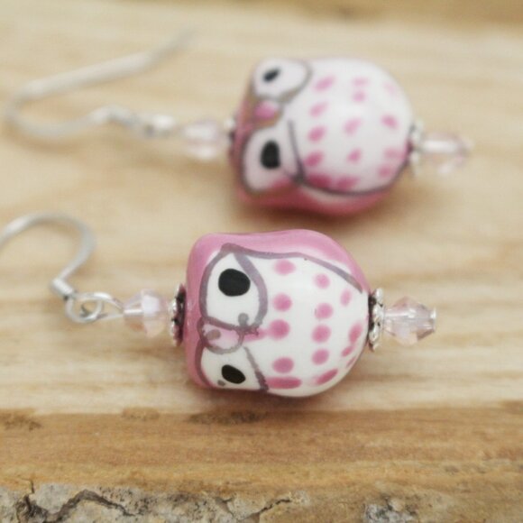 Pink Hand Painted Beaded Owl Earrings - Handmade & Hypoallergenic - Picture 2 of 5